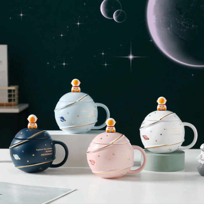 500ML Lid Coffee Mug with Space Cartoon Design: navy blue, white space/astronaut theme, cartoon kawaii style