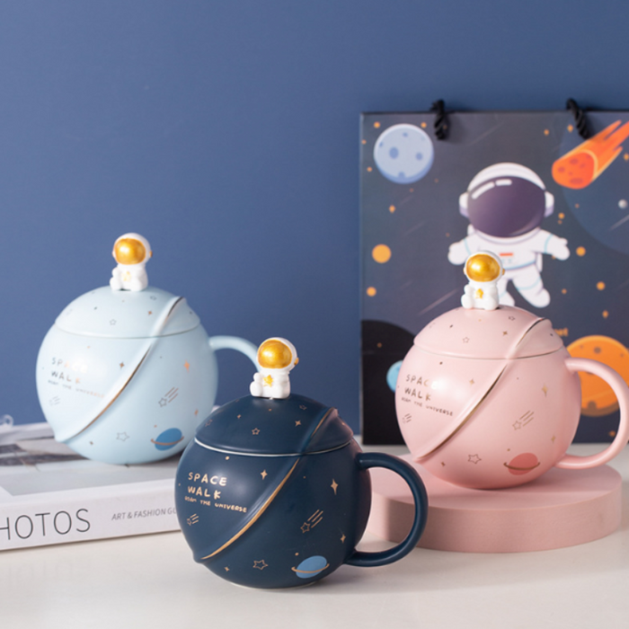 500ML Lid Coffee Mug with Space Cartoon Design: navy blue, white space/astronaut theme, cartoon kawaii style