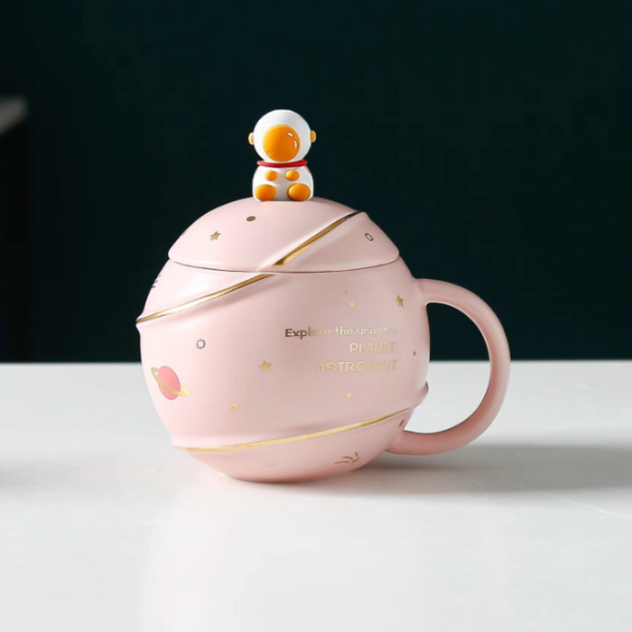 500ML Lid Coffee Mug with Space Cartoon Design: navy blue, white space/astronaut theme, cartoon kawaii style