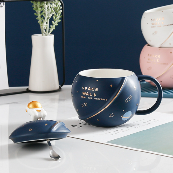 500ML Lid Coffee Mug with Space Cartoon Design: navy blue, white space/astronaut theme, cartoon kawaii style