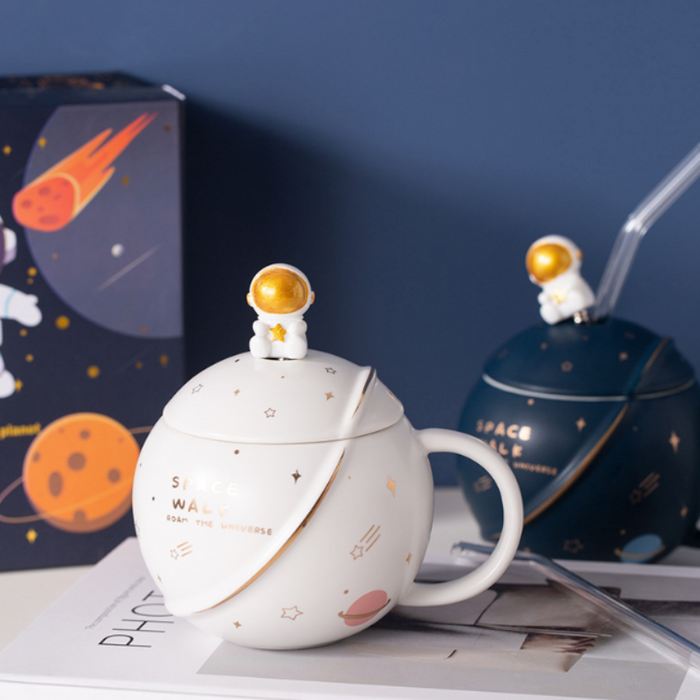500ML Lid Coffee Mug with Space Cartoon Design: navy blue, white space/astronaut theme, cartoon kawaii style