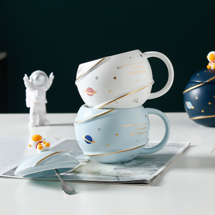 500ML Lid Coffee Mug with Space Cartoon Design: navy blue, white space/astronaut theme, cartoon kawaii style