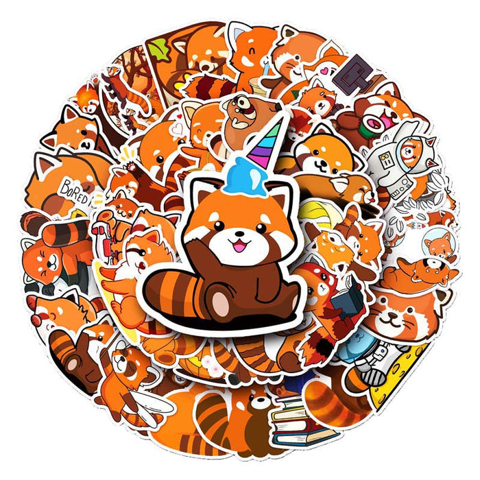 50PCS Red Panda Sticker Set: orange, brown red panda characters, kawaii cartoon style