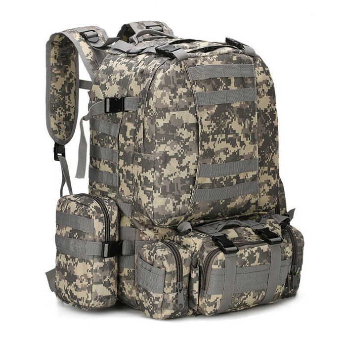 55L Waterproof Backpack for Outdoor Activities with Military-Inspired Design: digital camouflage beige, olive green tactical