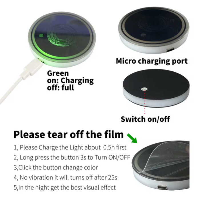 7 LED Car Cup Lights Set in 7 Colors, Pack of 2: black, silver round rechargeable light device, minimal style