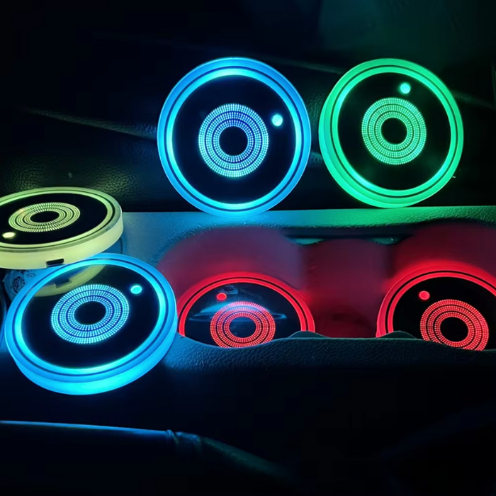 7 LED Car Cup Lights Set in 7 Colors, Pack of 2: black, silver round rechargeable light device, minimal style