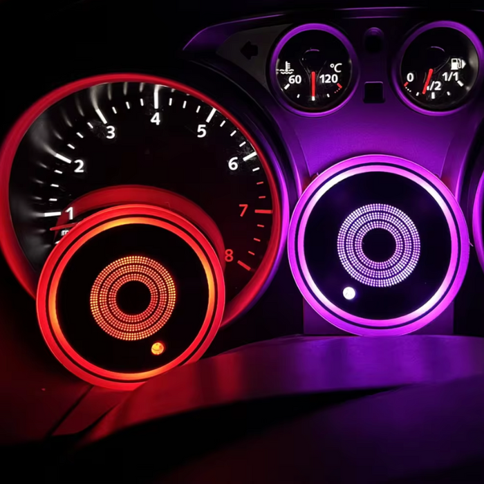 7 LED Car Cup Lights Set in 7 Colors, Pack of 2: black, silver round rechargeable light device, minimal style