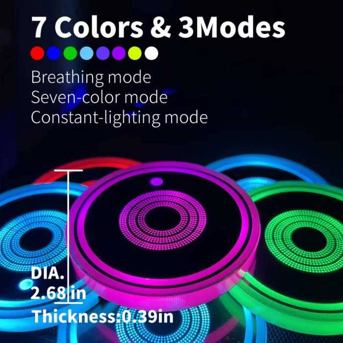 7 LED Car Cup Lights Set in 7 Colors, Pack of 2: black, silver round rechargeable light device, minimal style
