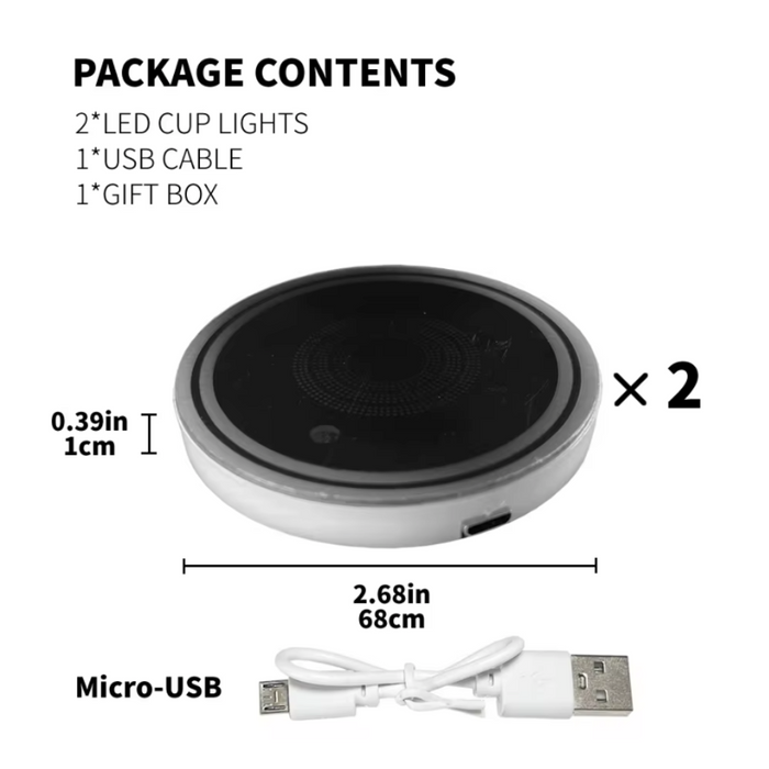 7 LED Car Cup Lights Set in 7 Colors, Pack of 2: black, silver round rechargeable light device, minimal style