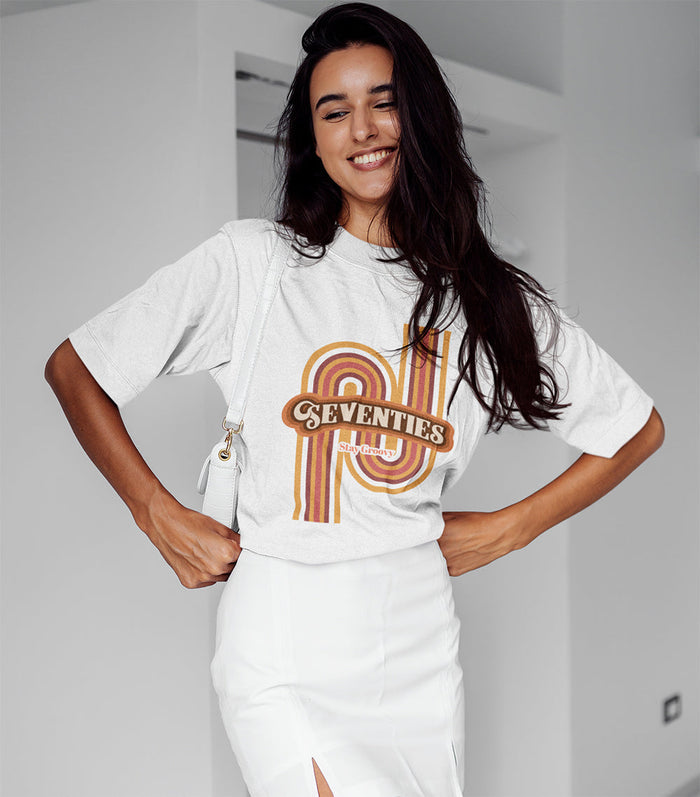 70's Cotton T-Shirt for Women with a Vintage Flair: white, brown seventies retro theme, retro graphic casual style