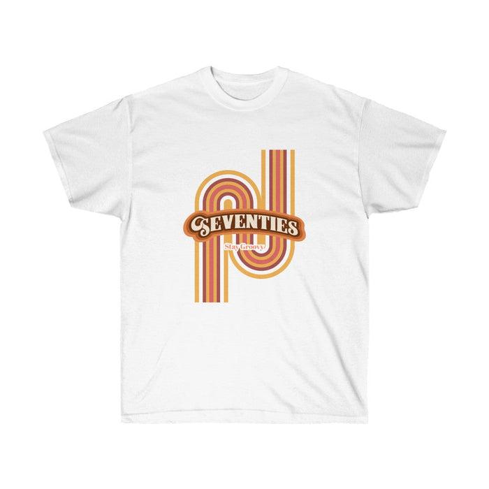 70's Cotton T-Shirt for Women with a Vintage Flair: white, brown seventies retro theme, retro graphic casual style