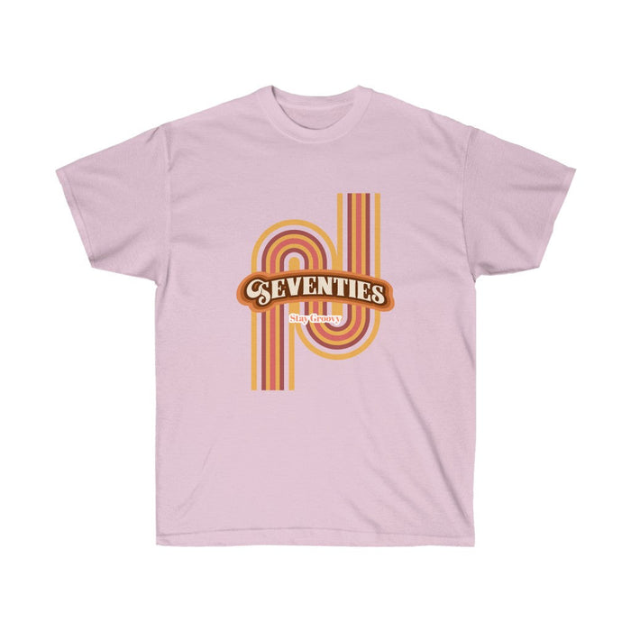 70's Cotton T-Shirt for Women with a Vintage Flair: white, brown seventies retro theme, retro graphic casual style