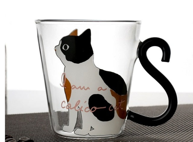 8.5oz Glass Mug with Creative Cartoon Design for Cat Enthusiasts: clear, black cat, cartoon style