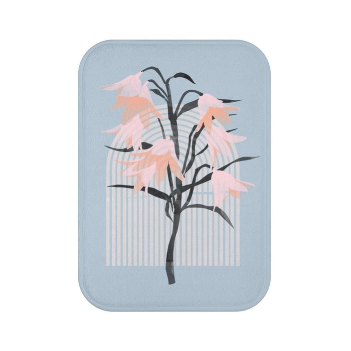 Abstract Blossom Bathroom Rug Décor: light blue, pink stylized flowering plant, minimal botanical illustration style