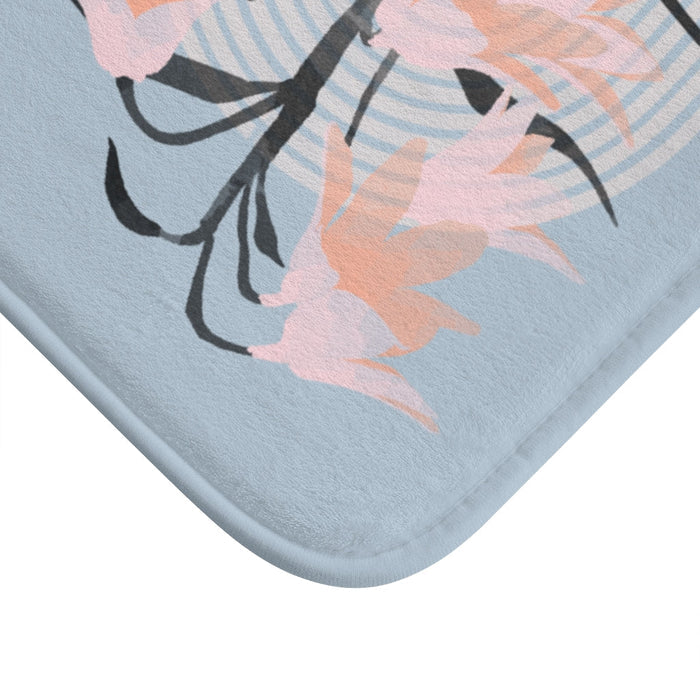 Abstract Blossom Bathroom Rug Décor: light blue, pink stylized flowering plant, minimal botanical illustration style