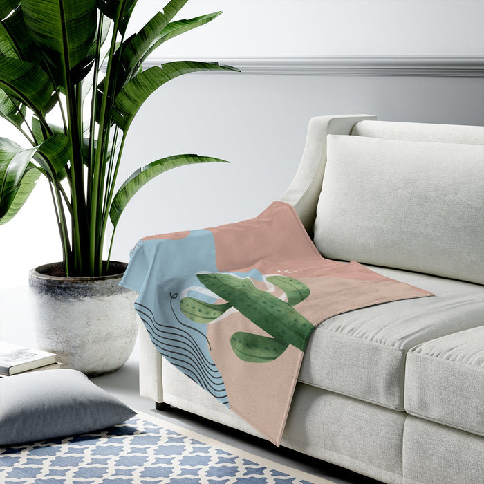 Abstract Cactus Fleece Blanket Throw: dusty pink, light blue abstract botanical/leaf design, minimal botanical style