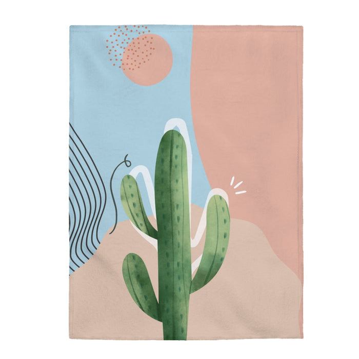 Abstract Cactus Fleece Blanket Throw: dusty pink, light blue abstract botanical/leaf design, minimal botanical style