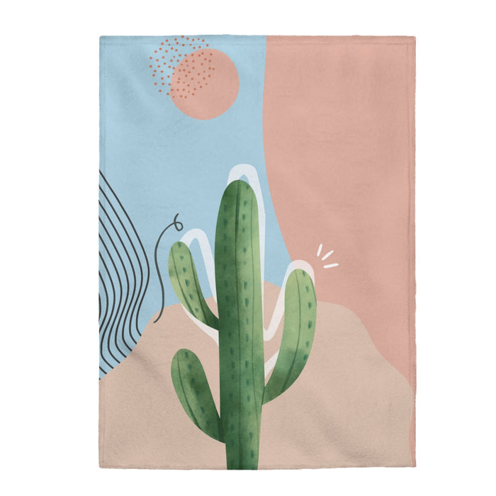 Abstract Cactus Fleece Blanket Throw: dusty pink, light blue abstract botanical/leaf design, minimal botanical style