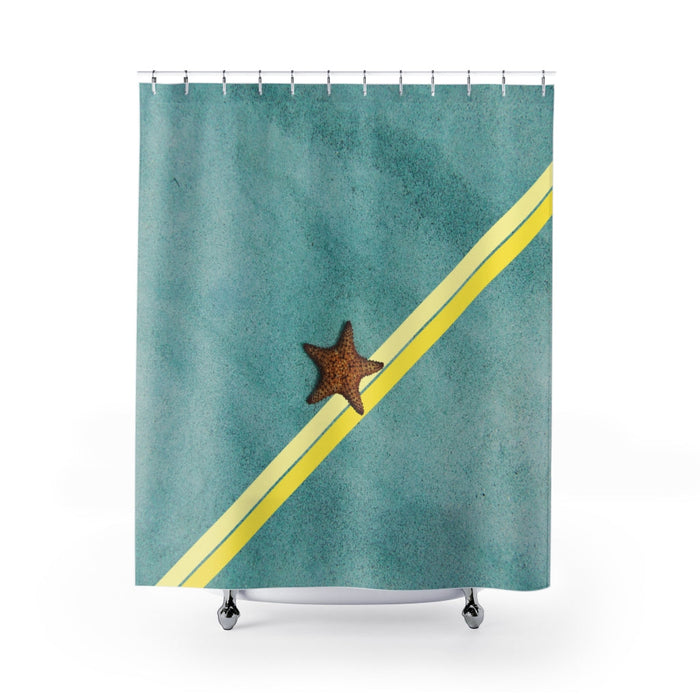 Abstract Starfish Shower Curtains for Beach-Themed Home Decor: teal blue-green, yellow starfish, minimal coastal style