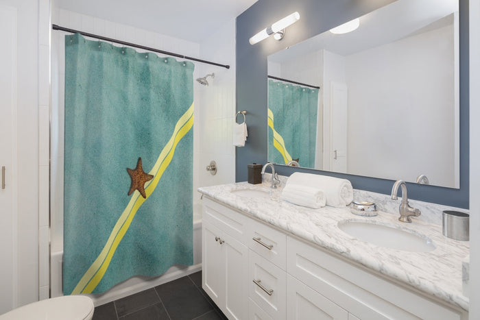 Abstract Starfish Shower Curtains for Beach-Themed Home Decor: teal blue-green, yellow starfish, minimal coastal style
