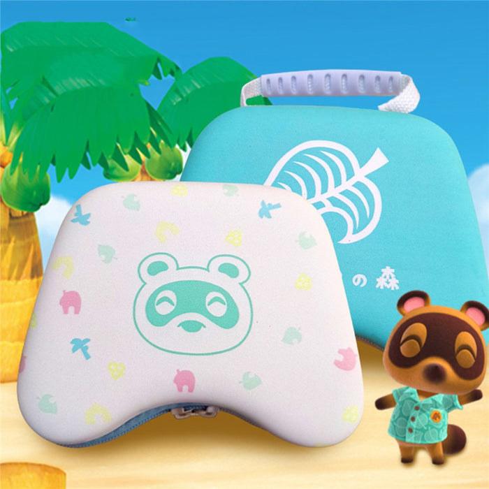 ACNH Controller Case with Built-In Handle: light pink, turquoise Animal Crossing / tanuki character theme, cute cartoon kawai