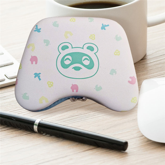 ACNH Controller Case with Built-In Handle: light pink, turquoise Animal Crossing / tanuki character theme, cute cartoon kawai
