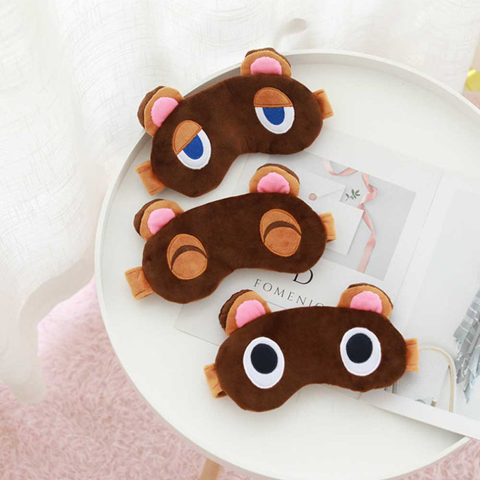 ACNH Eye Mask Set for Traveling: dark brown, tan cartoon bear character, kawaii cartoon style