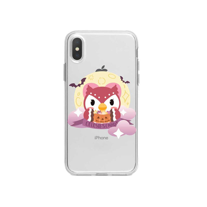 ACNH Halloween Phone Case, Villagers Available: transparent, pink cartoon owl character with bats and moon theme, kawaii cart