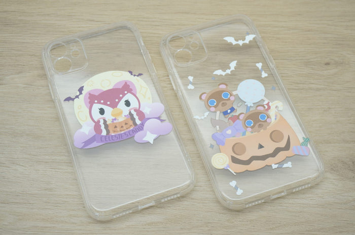 ACNH Halloween Phone Case, Villagers Available: transparent, pink cartoon owl character with bats and moon theme, kawaii cart