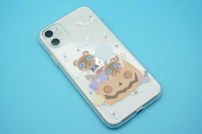 ACNH Halloween Phone Case, Villagers Available: transparent, pink cartoon owl character with bats and moon theme, kawaii cart