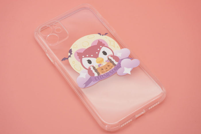 ACNH Halloween Phone Case, Villagers Available: transparent, pink cartoon owl character with bats and moon theme, kawaii cart