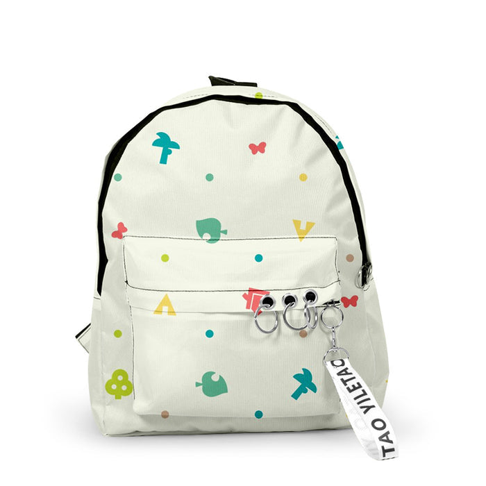 ACNH Leaf Backpack: Cute & Durable: white, teal green leaf pattern, cartoon playful style