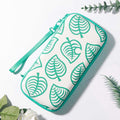 ACNH Leaf Travel Case for Switch: off-white, teal green leaf pattern, minimal botanical style