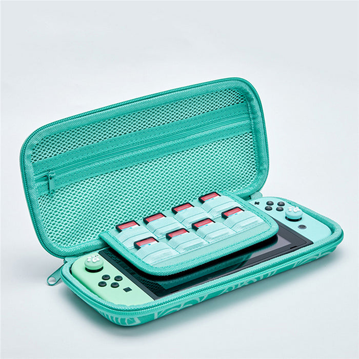 ACNH Leaf Travel Case for Switch: off-white, teal green leaf pattern, minimal botanical style