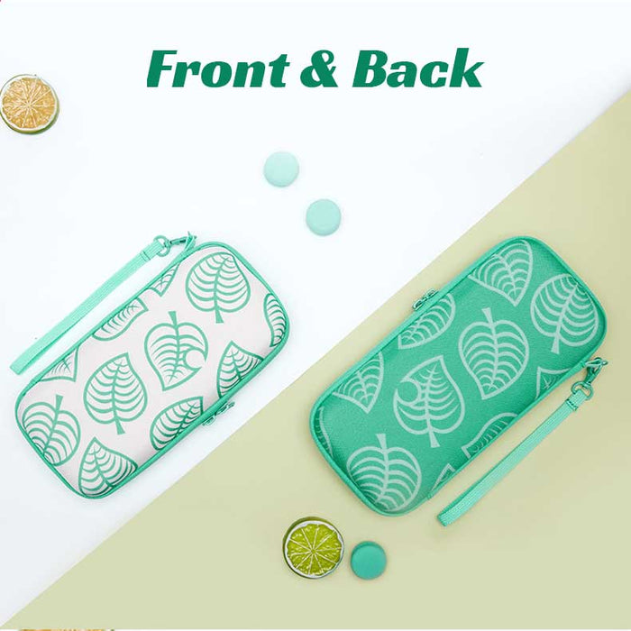 ACNH Leaf Travel Case for Switch: off-white, teal green leaf pattern, minimal botanical style