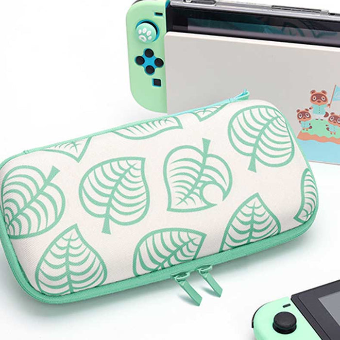 ACNH Leaf Travel Case for Switch: off-white, teal green leaf pattern, minimal botanical style