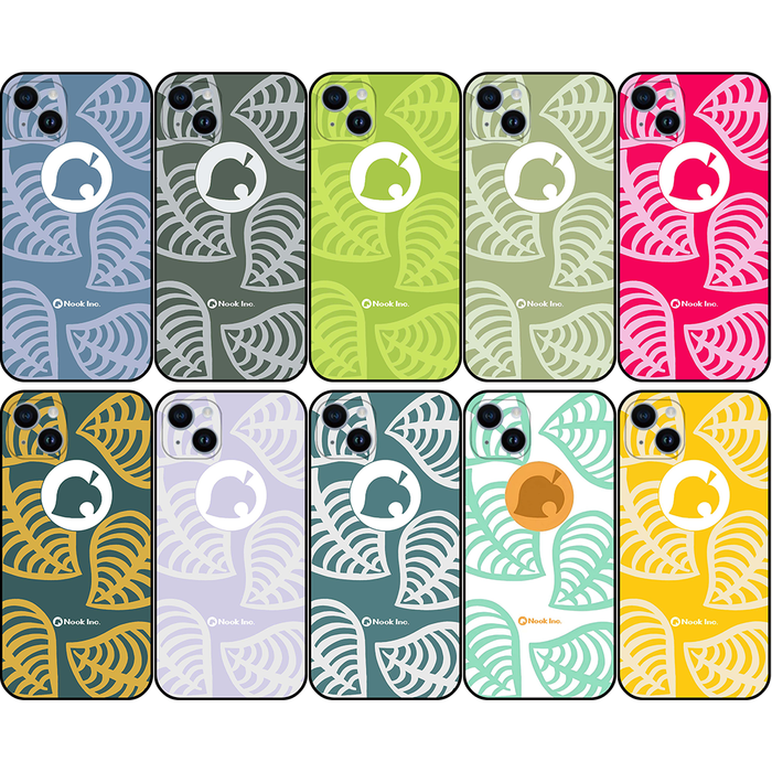 ACNH Nook Phone Cases with Leaf Design: blue, gray stylized animal silhouette logo, graphic cartoon pattern style
