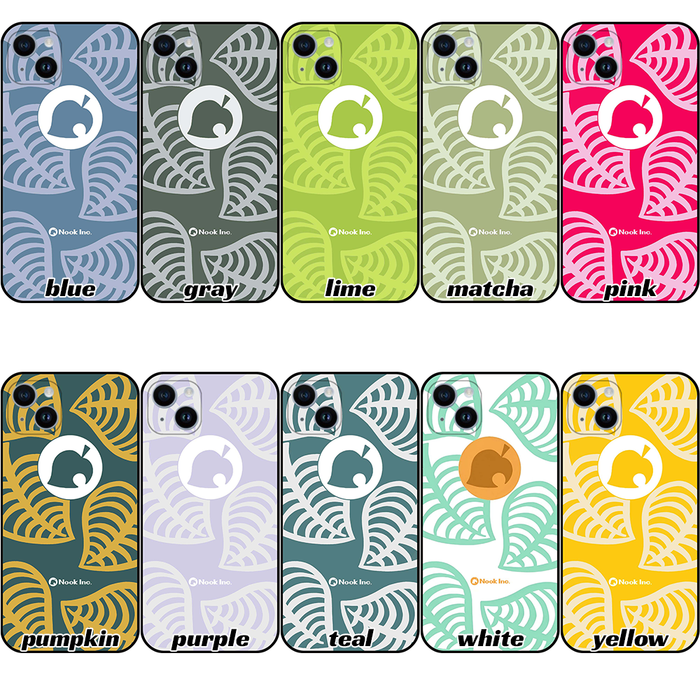 ACNH Nook Phone Cases with Leaf Design: blue, gray stylized animal silhouette logo, graphic cartoon pattern style