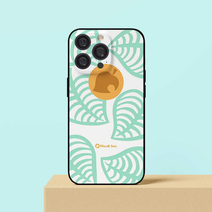 ACNH Nook Phone Cases with Leaf Design: blue, gray stylized animal silhouette logo, graphic cartoon pattern style