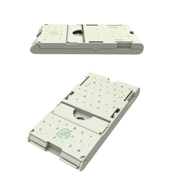 ACNH Playstand with Game Card Storage: off-white, light green tropical leaf and small floral pattern, minimal style