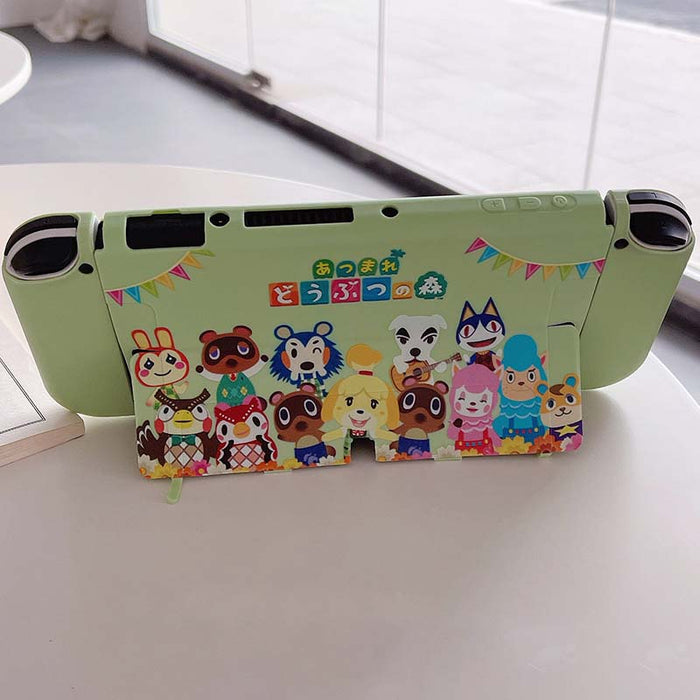 ACNH Switch Cover with Cute Designs: light green, multicolor Animal Crossing characters, cartoon, kawaii style