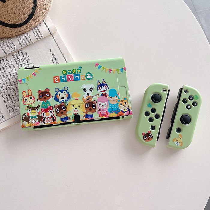 ACNH Switch Cover with Cute Designs: light green, multicolor Animal Crossing characters, cartoon, kawaii style