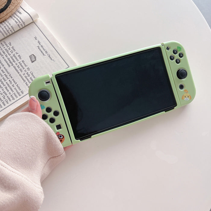 ACNH Switch Cover with Cute Designs: light green, multicolor Animal Crossing characters, cartoon, kawaii style