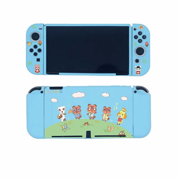 ACNH Switch Cover with Unique Designs: pink, white Animal Crossing character Tom Nook, kawaii cartoon style