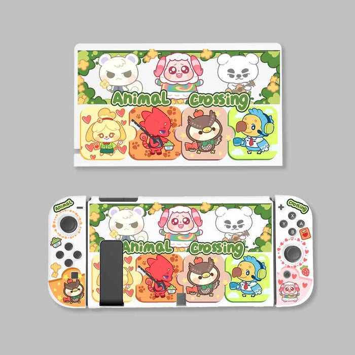 ACNH Switch OLED Cover + TV Dock Set: white, green Animal Crossing characters, kawaii cartoon style