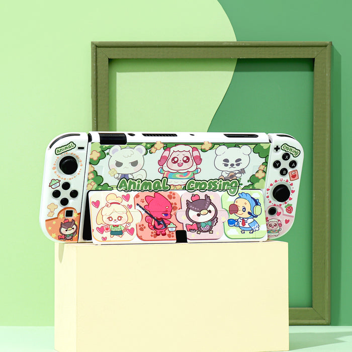 ACNH Switch OLED Cover + TV Dock Set: white, green Animal Crossing characters, kawaii cartoon style
