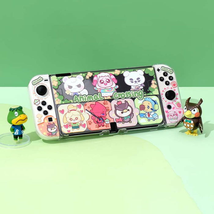 ACNH Switch OLED Cover + TV Dock Set: white, green Animal Crossing characters, kawaii cartoon style