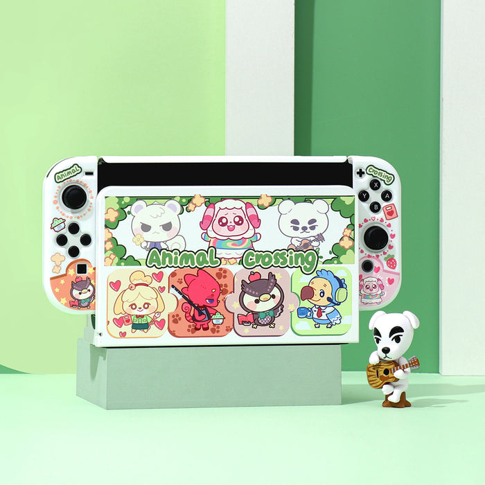 ACNH Switch OLED Cover + TV Dock Set: white, green Animal Crossing characters, kawaii cartoon style