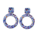 Acrylic Earrings with Vibrant Hollow Design: transparent lavender, blue dangle earrings, colorful playful statement style