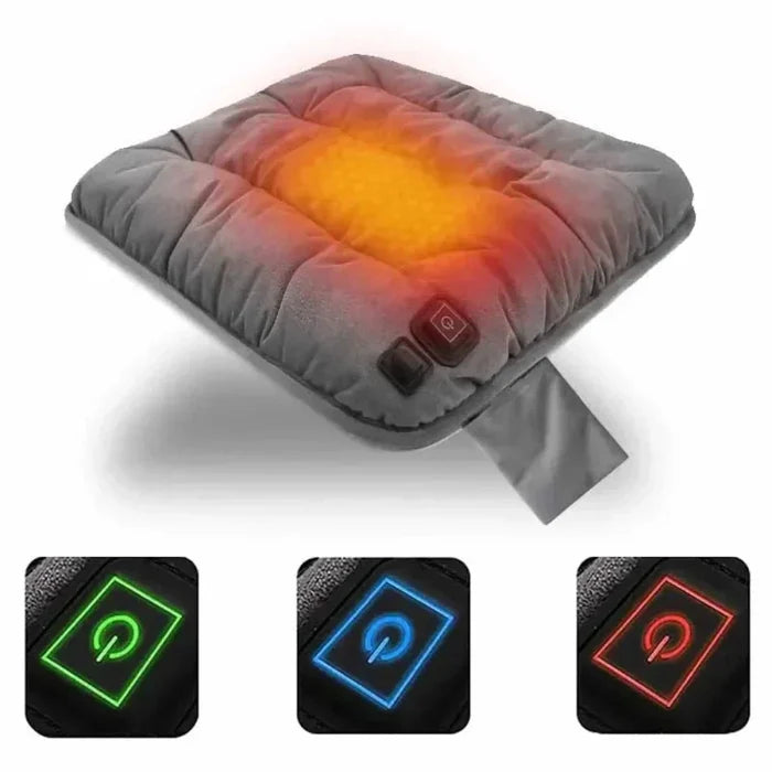 Adjustable Chair Cushion with Heat Function: gray, orange/yellow glow heated cushion/pad, minimal style